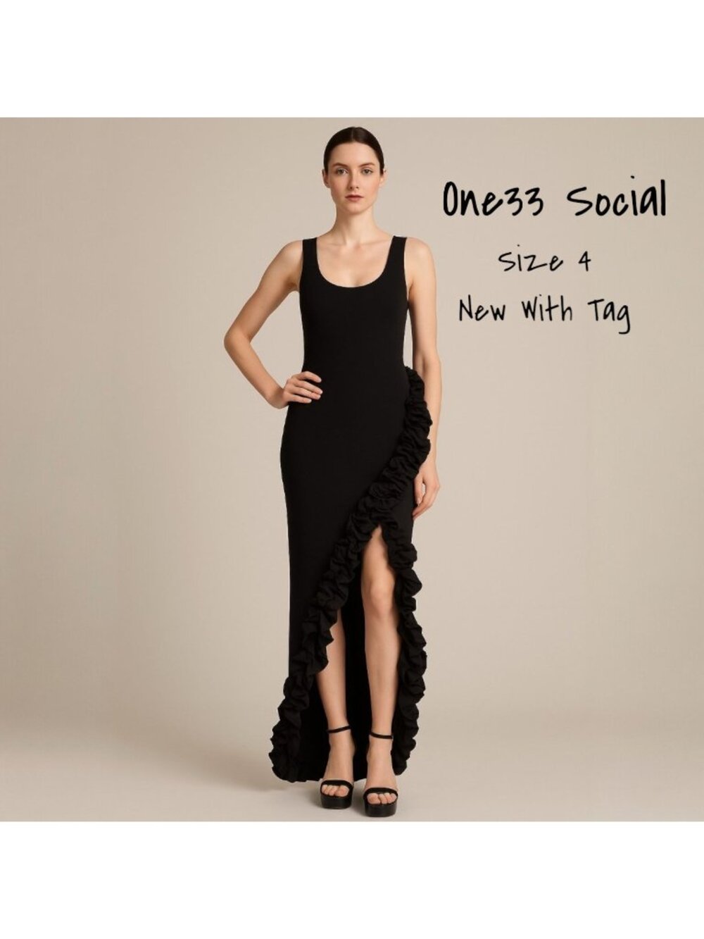 One33 Social Black Taffeta Ruffle Hem Gown Size 4 - New with Tags